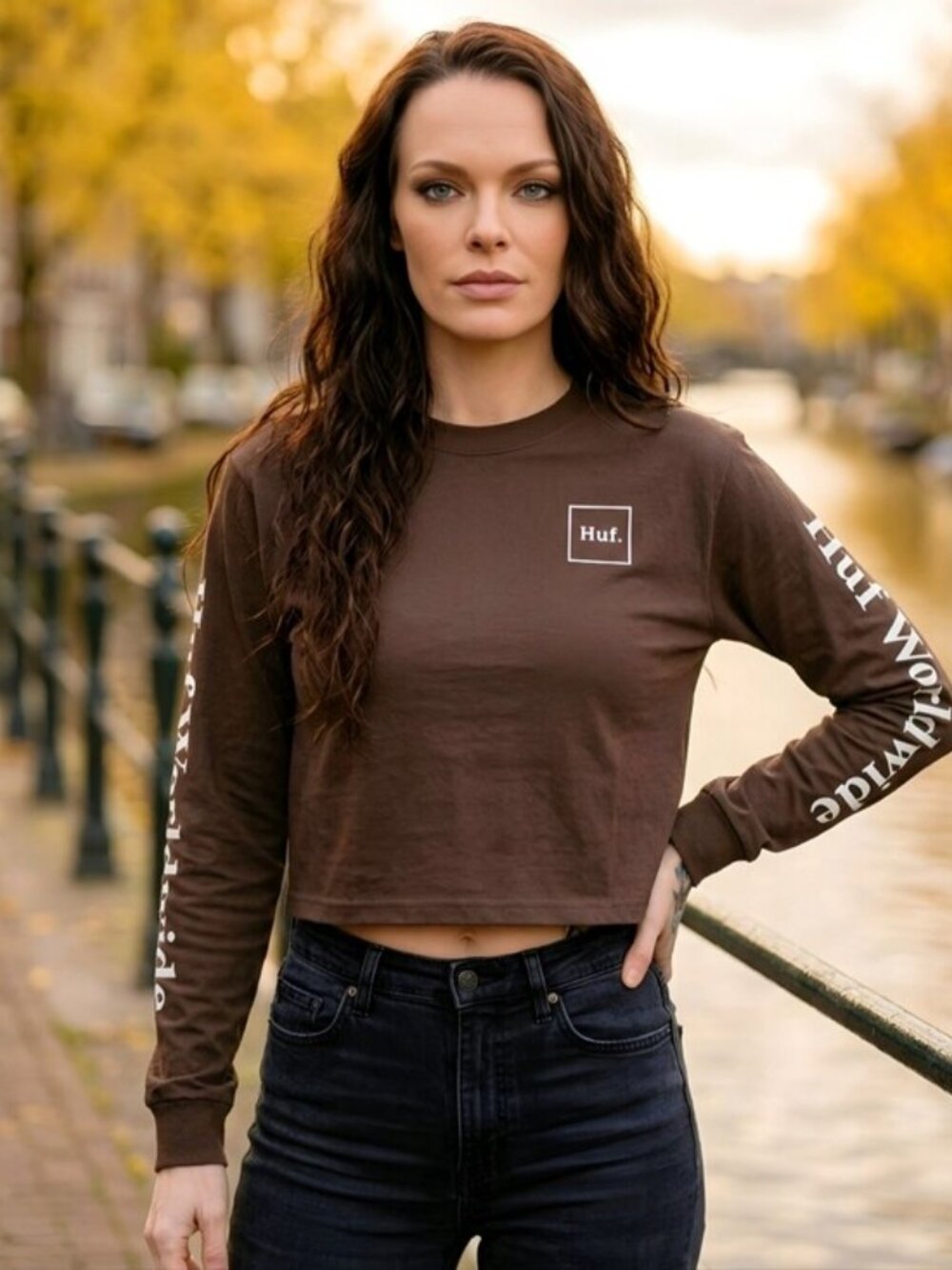 HUF Domestic Crop Tee Brown Long Sleeve 90s Streetwear Ribbed Collar XS NWT